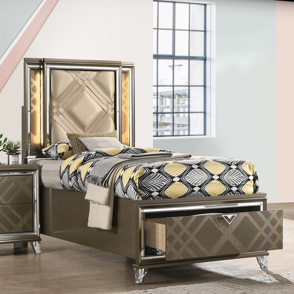 Skylar Twin Bed w/Storage & LED, LED, Leatherette & Dark Champagne