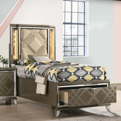 Skylar Twin Bed w/Storage & LED, LED, Leatherette & Dark Champagne
