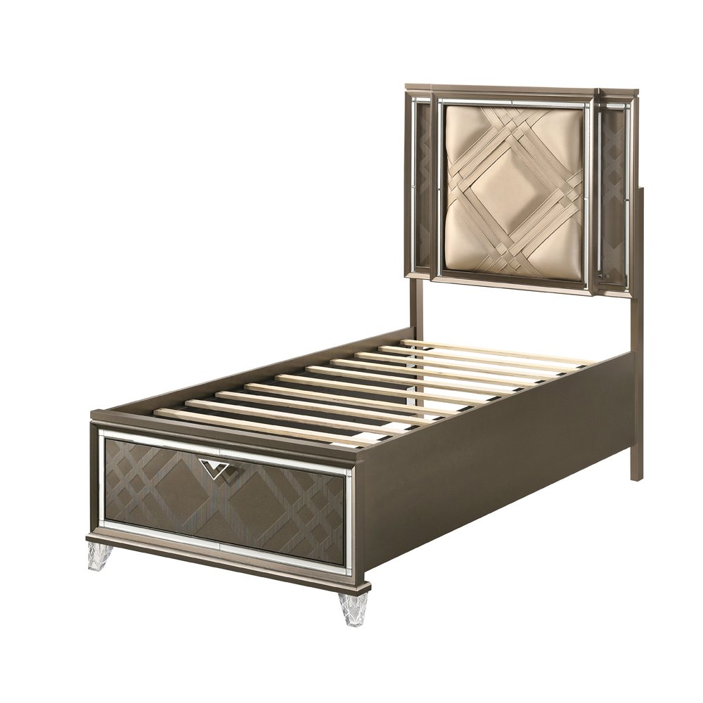 Skylar Twin Bed w/Storage & LED, LED, Leatherette & Dark Champagne