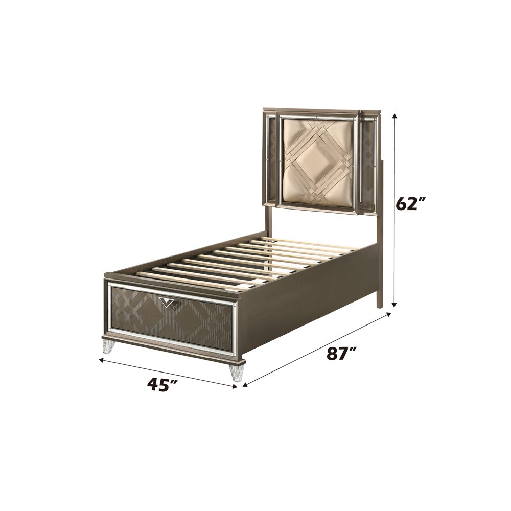 Skylar Twin Bed w/Storage & LED, LED, Leatherette & Dark Champagne