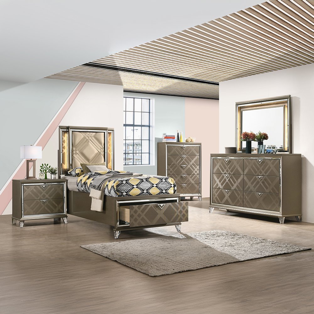 Skylar Twin Bed w/Storage & LED, LED, Leatherette & Dark Champagne