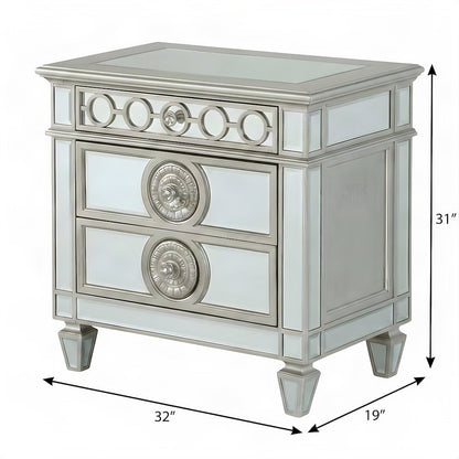 Mirrored Wood Glam Nightstand with 2 Drawers, Small Bedside Table, Stone