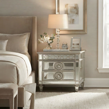 Mirrored Wood Glam Nightstand with 2 Drawers, Small Bedside Table, Stone