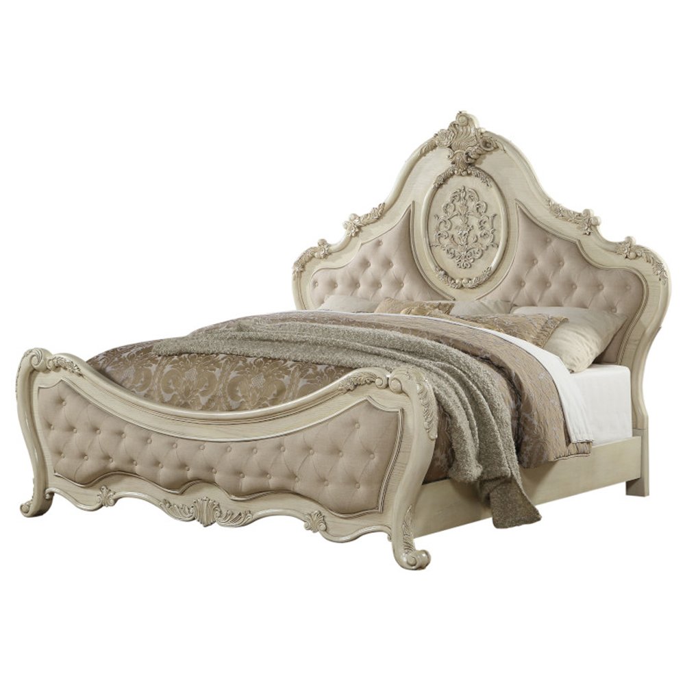 Ragenardus Queen Bed, Beige Linen & Antique White