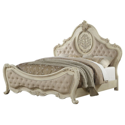 Ragenardus Queen Bed, Beige Linen & Antique White