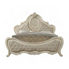 Wood Veneer Queen Bed Frame with Linen Upholstered, Beige Linen & Antique White