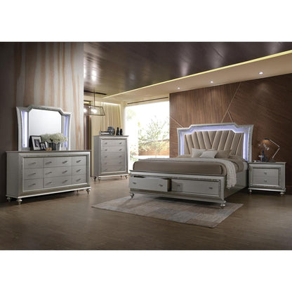 Kaitlyn Queen Bed w/Storage & LED, Leatherette & Champagne