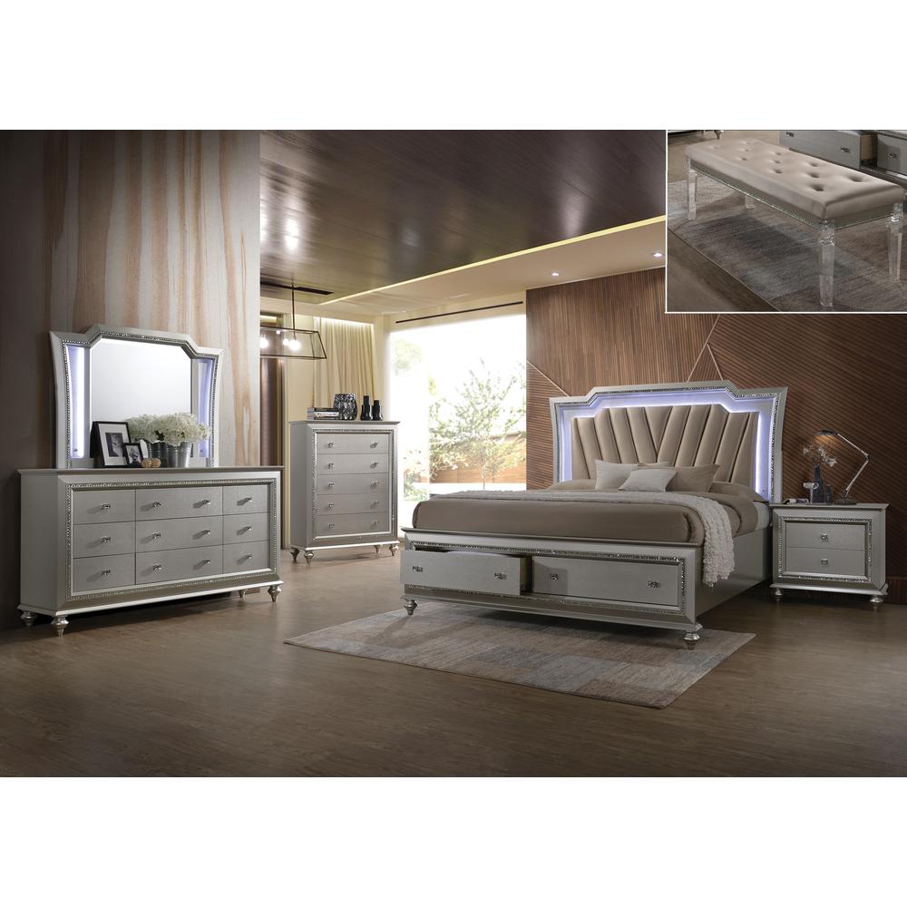 Kaitlyn Queen Bed w/Storage & LED, Leatherette & Champagne