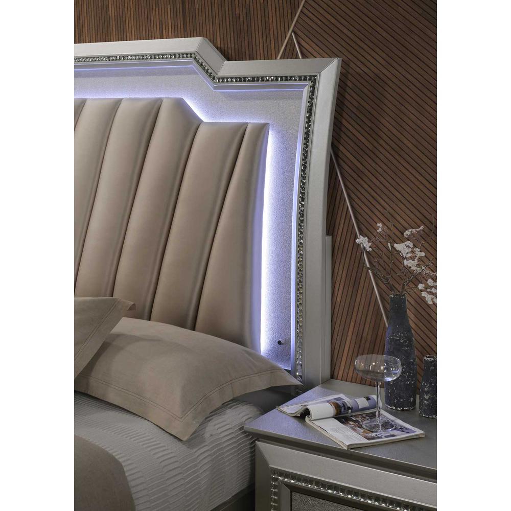 Kaitlyn Queen Bed w/Storage & LED, Leatherette & Champagne