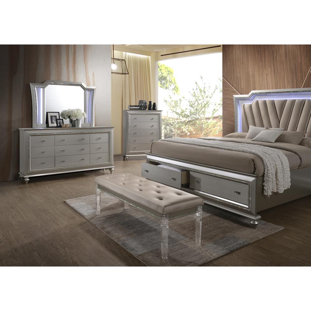 Kaitlyn Queen Bed w/Storage & LED, Leatherette & Champagne