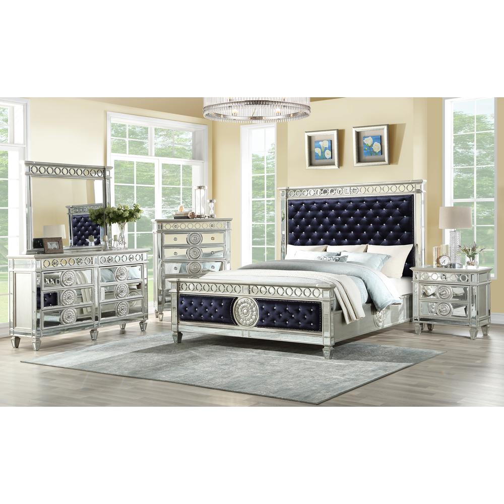 Varian Queen Bed, Dark Navy Velvet & Mirrored