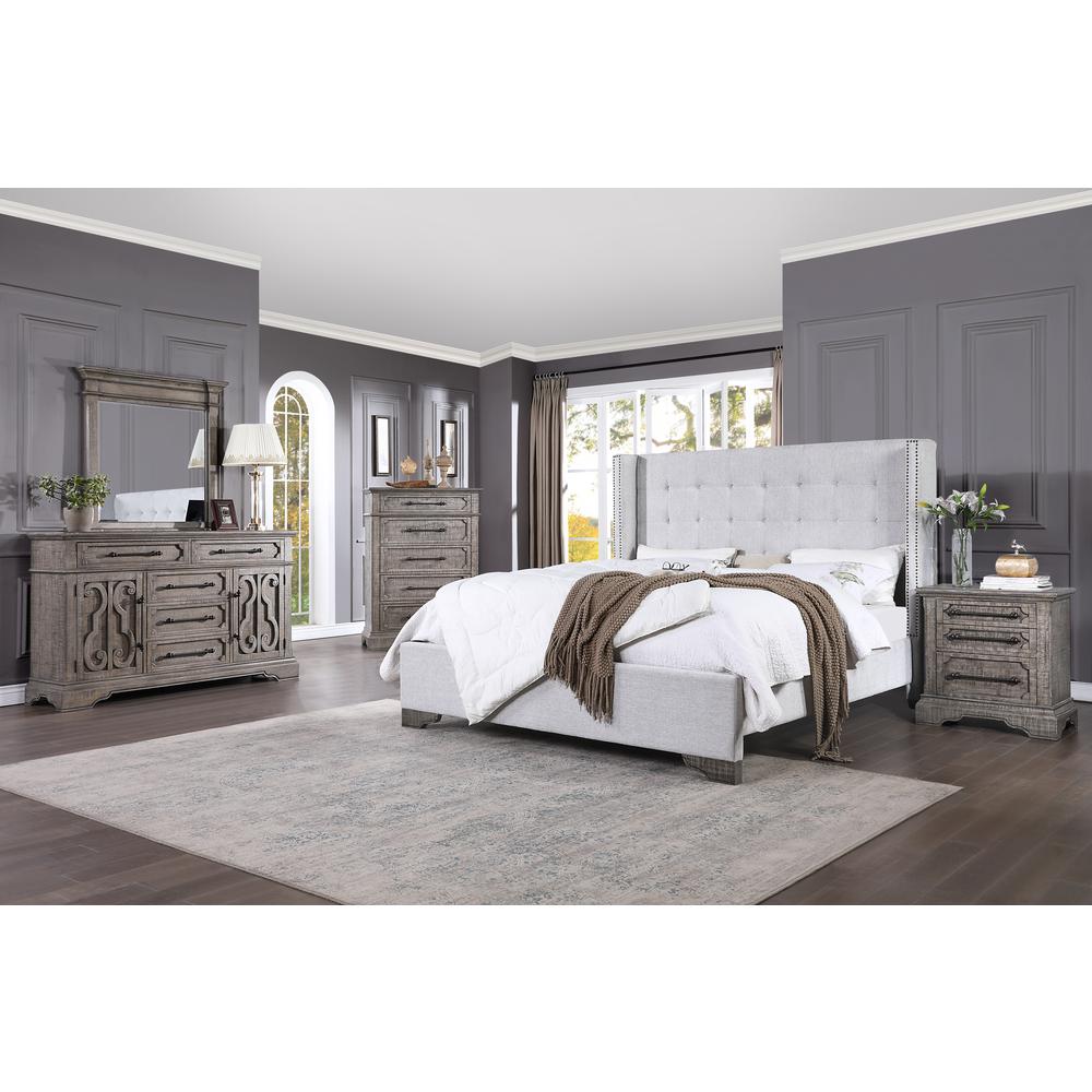 Artesia Eastern King Bed, Tan Fabric & Salvaged Natural