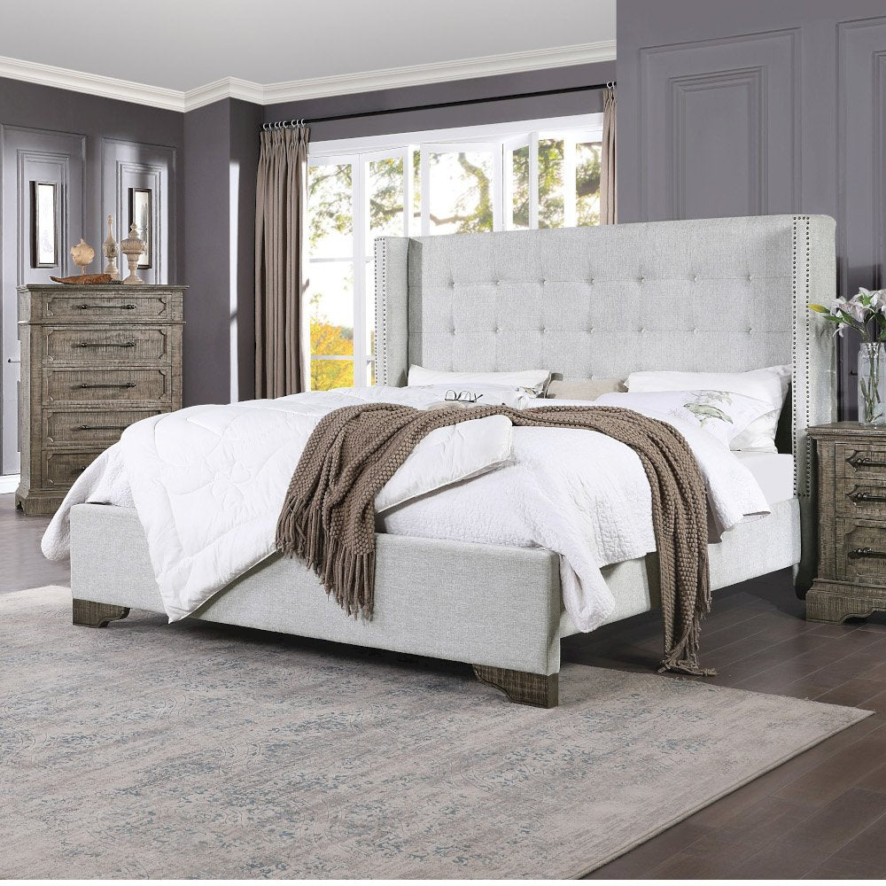 Artesia Queen Bed, Tan Fabric & Salvaged Natural