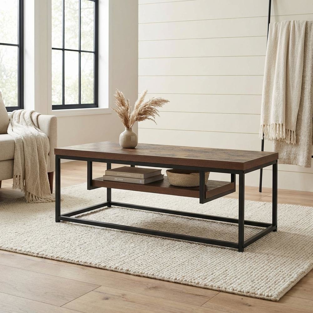 Weathered Oak and Black Metal TV Stand with Storage Compartments