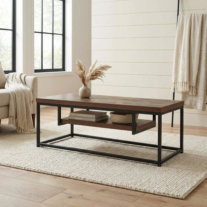 Weathered Oak and Black Metal TV Stand with Storage Compartments