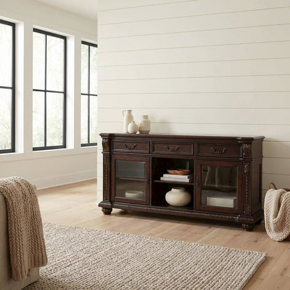 Cherry Wood and Glass TV Stand with Vintage Style and Spacious Design