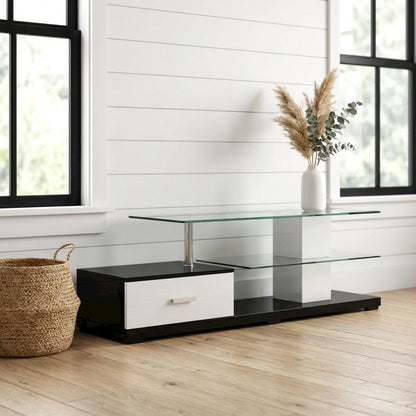 Modern White and Black TV Stand with Glass Shelves and Chrome Frame