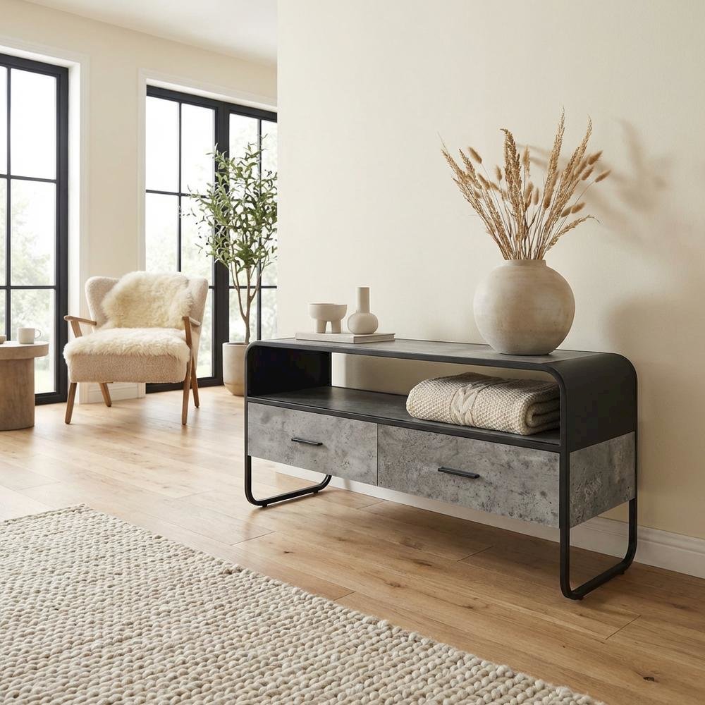 Industrial-style TV stand, concrete gray, black finish, made from particleboard