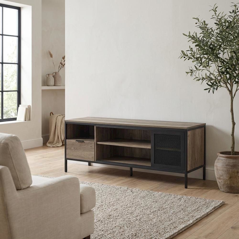 Industrial-style TV stand in Rustic Oak and Black finish with metal accents
