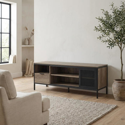 Industrial-style TV stand in Rustic Oak and Black finish with metal accents