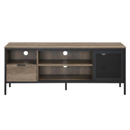 Industrial-style TV stand in Rustic Oak and Black finish with metal accents