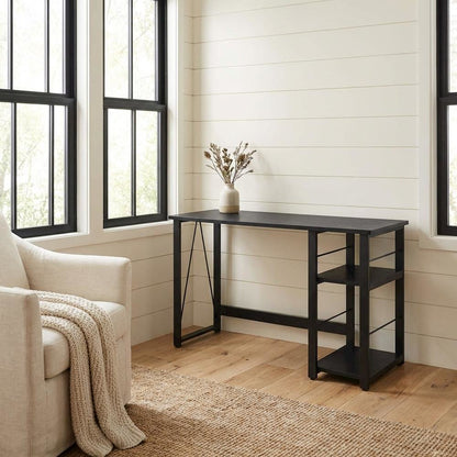 Black Writing Desk, Wood Veneer Surface, Sturdy Particle Board And Metal Frame