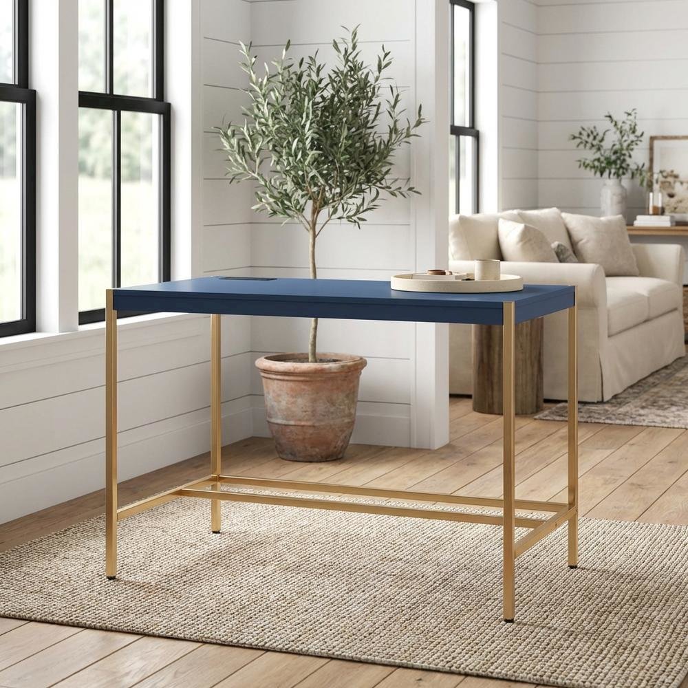 Contemporary Navy Blue And Gold Finish Writing Desk With Mdf And Metal