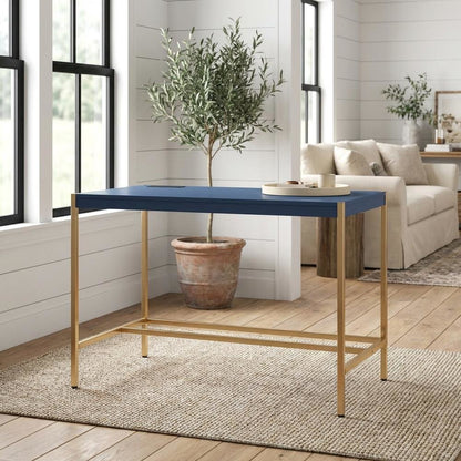 Contemporary Navy Blue And Gold Finish Writing Desk With Mdf And Metal