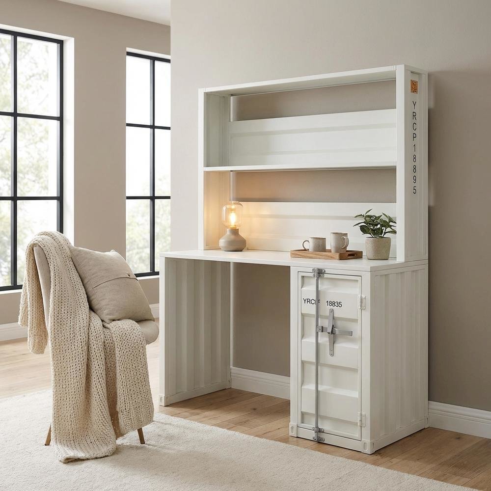White Cargo Desk With Hutch For Organized Workspace, Sturdy Construction
