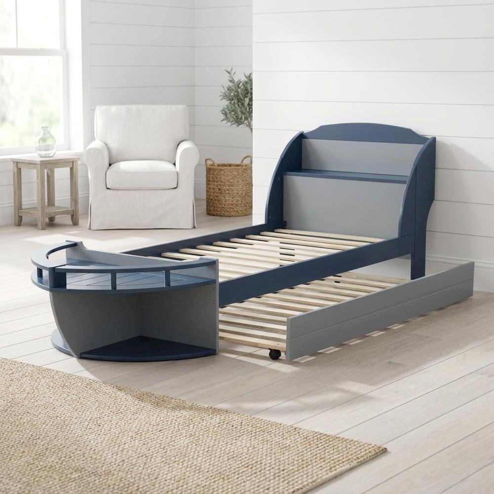 FurniFact Twin Trundle Bed with Wood Veneer and Low-Profile Frame, Gray
