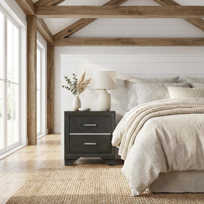 Gray Nightstand with Transitional Style and Spacious Surface for Bedroom Storage