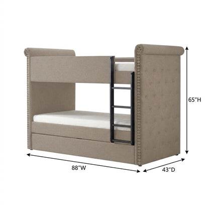 Fabric Twin over Twin Bunk Bed with Wood Frame and Trundle, Beige Fabric