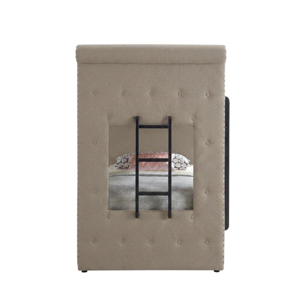 Fabric Twin over Twin Bunk Bed with Wood Frame and Trundle, Beige Fabric