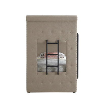 Fabric Twin over Twin Bunk Bed with Wood Frame and Trundle, Beige Fabric