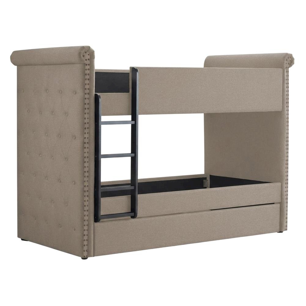 Fabric Twin over Twin Bunk Bed with Wood Frame and Trundle, Beige Fabric