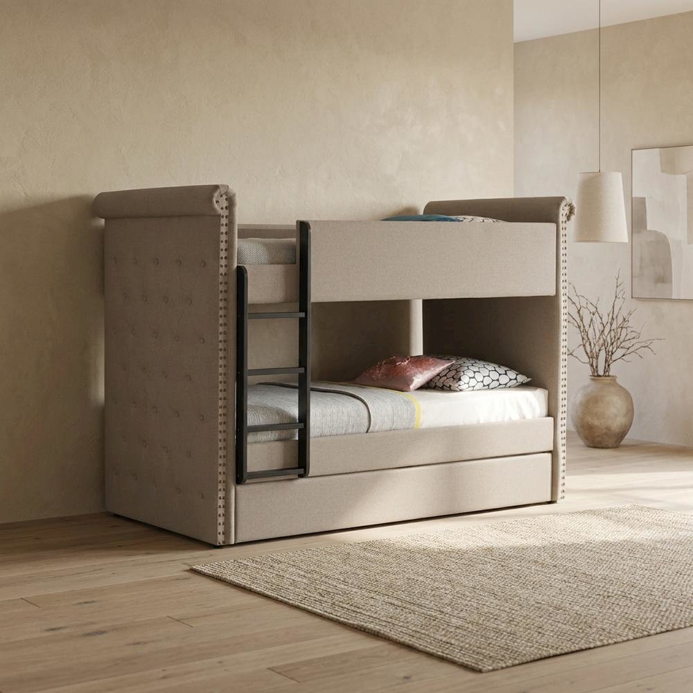 Fabric Twin over Twin Bunk Bed with Wood Frame and Trundle, Beige Fabric