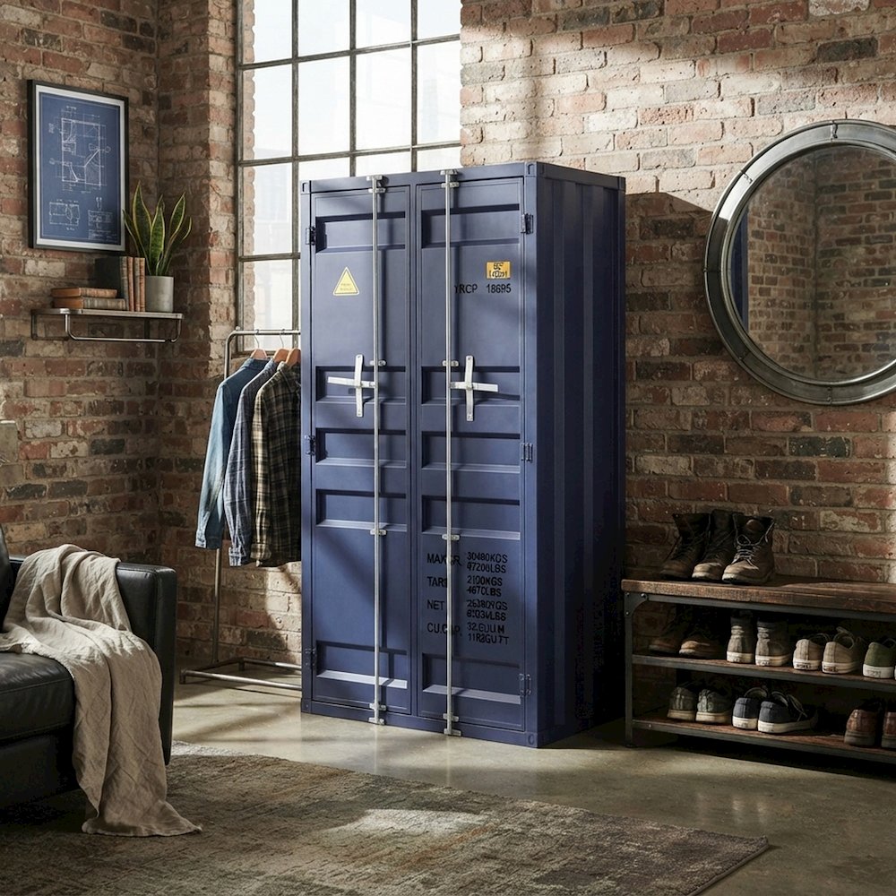 FurniFact Metal Wardrobe with Industrial-Style Frame and Solid Doors, Blue