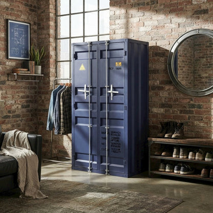 FurniFact Metal Wardrobe with Industrial-Style Frame and Solid Doors, Blue