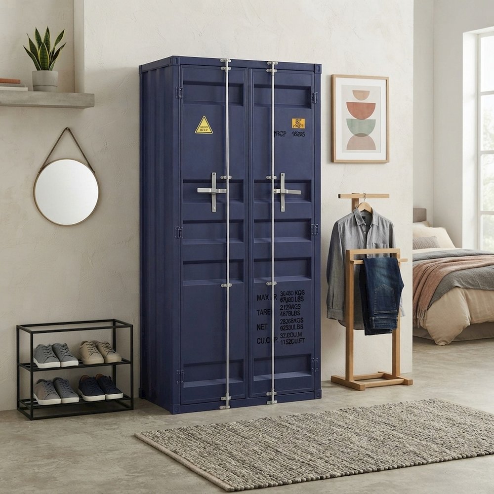 FurniFact Metal Wardrobe with Industrial-Style Frame and Solid Doors, Blue