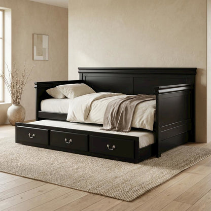 Wood Composite Trundle Bed Twin with Solid-Upholstered Frame, Black