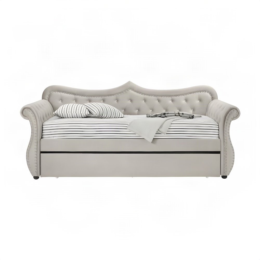 Upholstered Twin Daybed with Trundle, Rubber Wood Sofa Bed Frame, Beige Linen