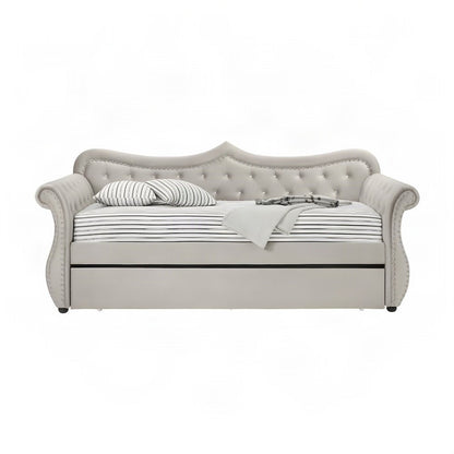 Upholstered Twin Daybed with Trundle, Rubber Wood Sofa Bed Frame, Beige Linen