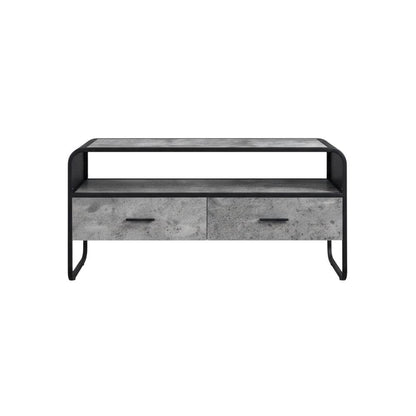 Industrial-style TV stand, concrete gray, black finish, made from particleboard