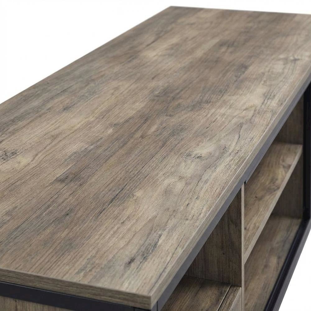 Industrial-style TV stand in Rustic Oak and Black finish with metal accents