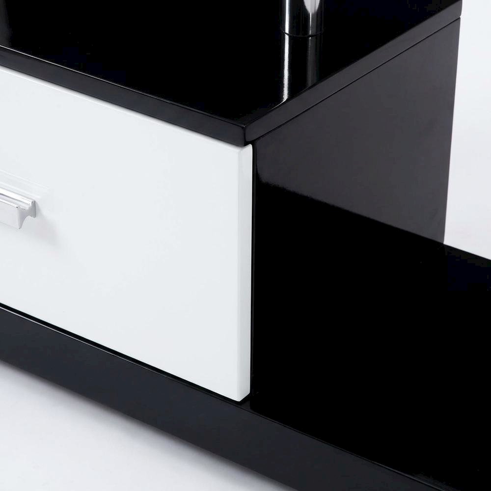 Modern White and Black TV Stand with Glass Shelves and Chrome Frame