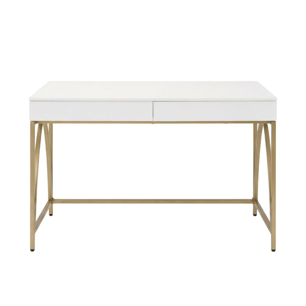 White High Gloss And Gold Office Desk With Metal Frame And Spacious Surface