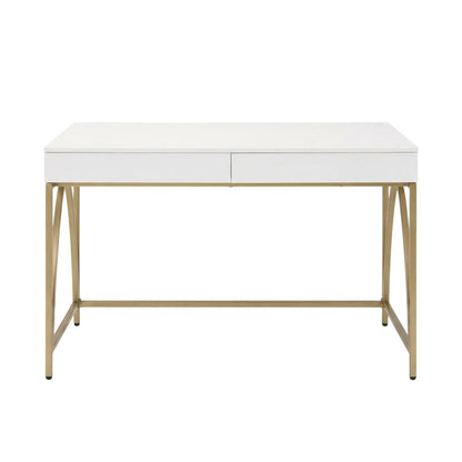 White High Gloss And Gold Office Desk With Metal Frame And Spacious Surface