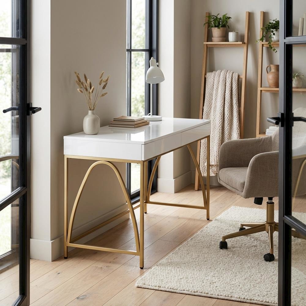 White High Gloss And Gold Office Desk With Metal Frame And Spacious Surface
