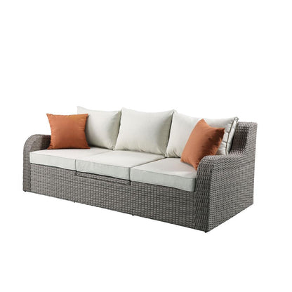 Salena Patio Sofa w/2 Pillows & 2 Ottomans, Beige Fabric & Gray Wicker