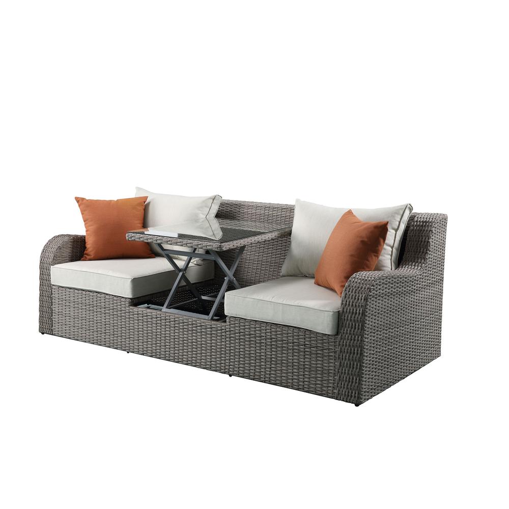 Salena Patio Sofa w/2 Pillows & 2 Ottomans, Beige Fabric & Gray Wicker